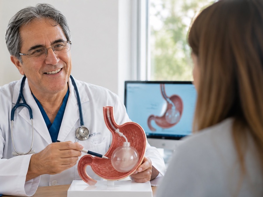 Médico explicando el balón gástrico a una paciente en consulta